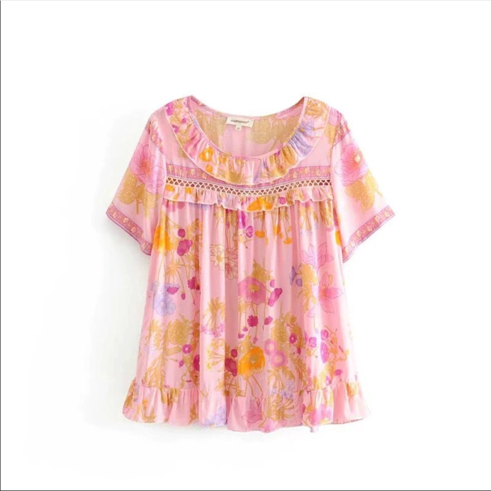 Gypsy Boho Wild Bloom Floral Blush Blouse Top M wildflower free spirit ruffle